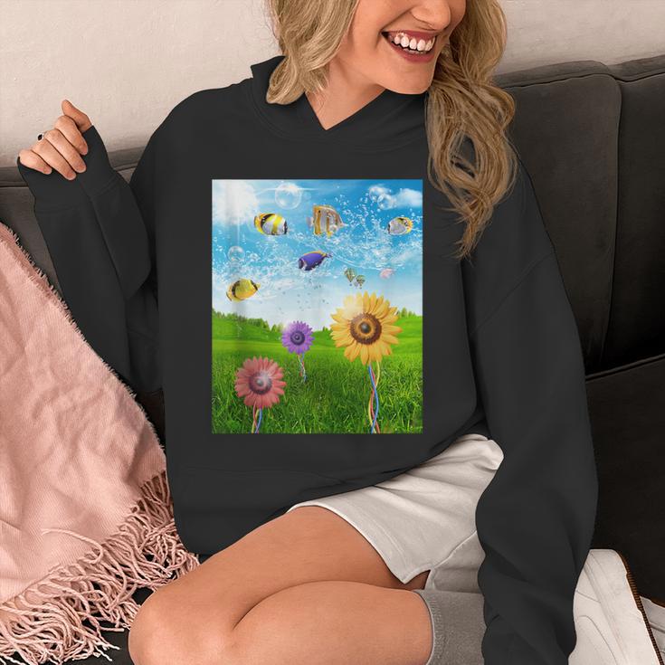 Frutiger Aero Aesthetic Tech Scenery Fishes Sunflower Unisex Hoodie