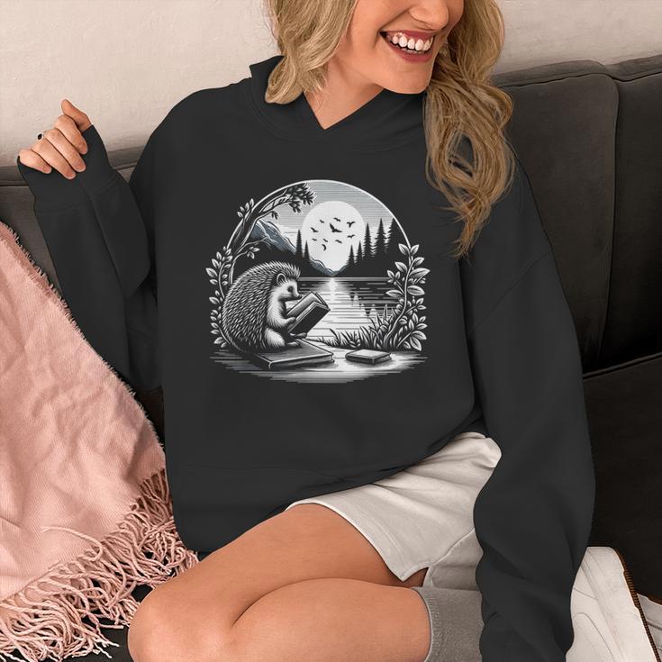 Hedgehog Reading Book Full Moon Lake Scenery Unisex Hoodie