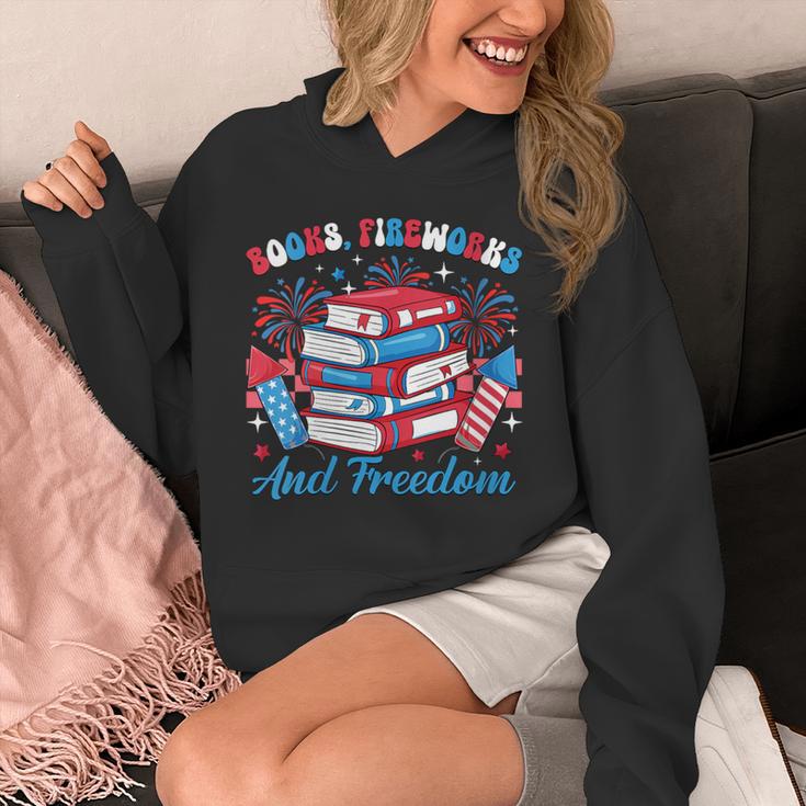 Women's Books Fireworks And Freedom Independence Day Book Lover Unisex Hoodie