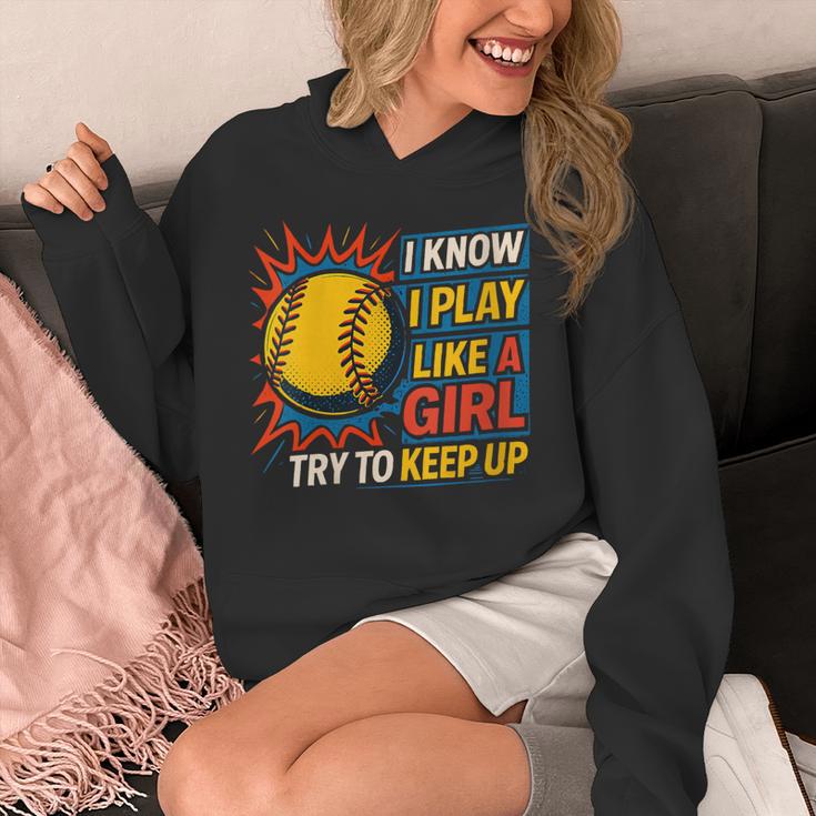 Women's Girls Softball Play Like A Girl Comic Book Pop Art Unisex Hoodie