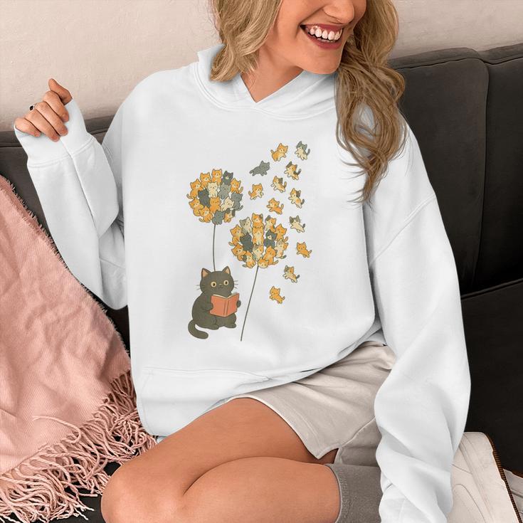 Cute Reading Cat With Kitten Dandelion Flowers Book Lover Unisex Hoodie