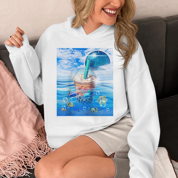 Frutiger Aero Aesthetic Tech Bubble Tea Boba Milktea Fishes Raglan Baseball Tee Unisex Hoodie