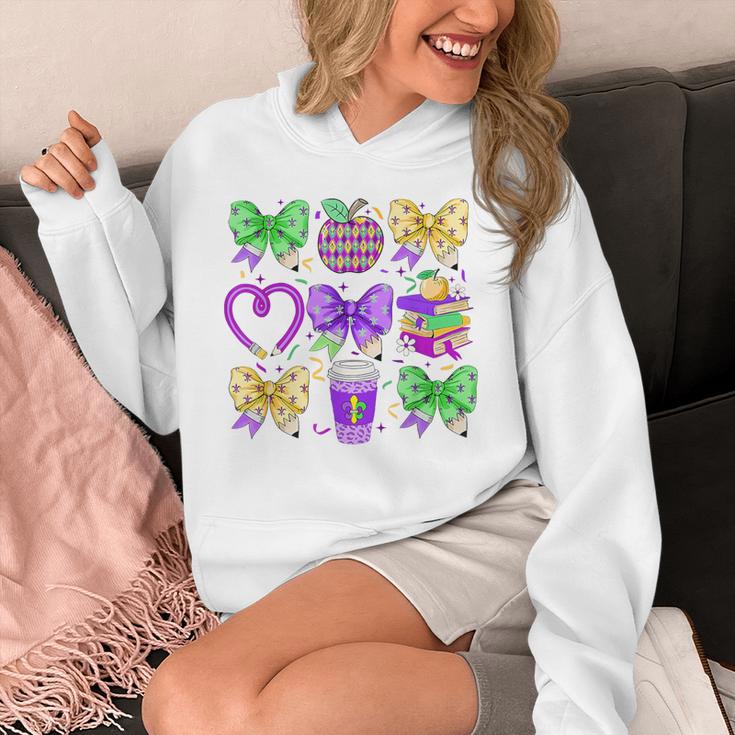 Mardi Gras Teacher Coquette Bow Pencil Apple Book Women Girl Unisex Hoodie