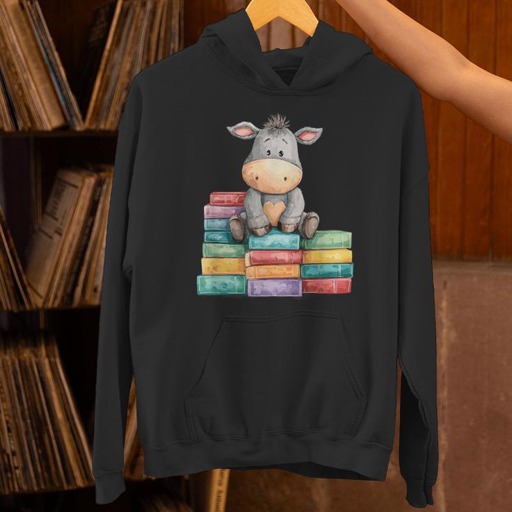 Adorable Donkey With Heart Sitting On Colorful Book Stack Unisex Hoodie
