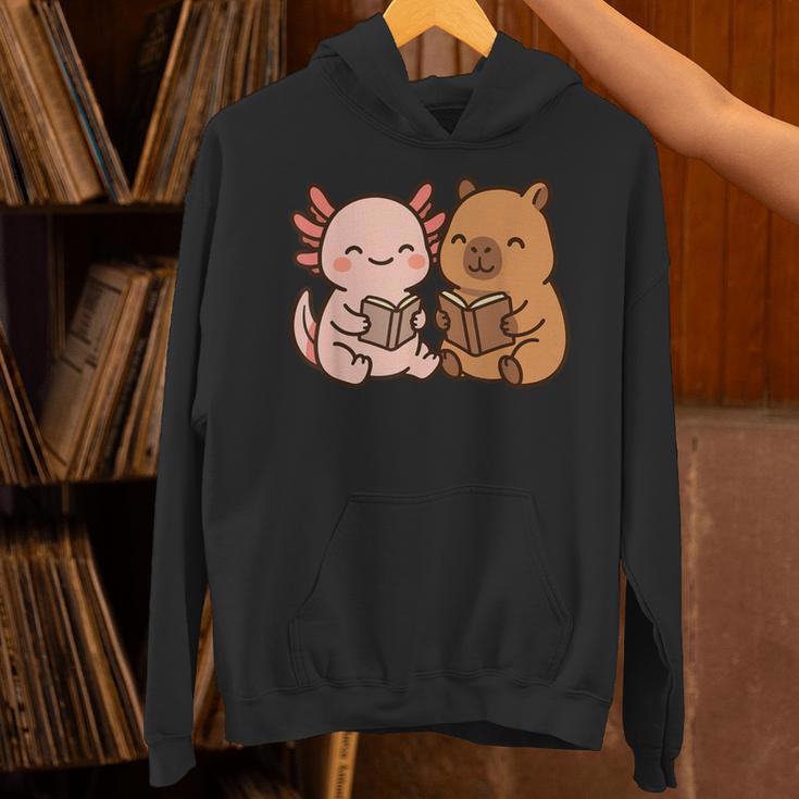 Capybara Axolotl Kawaii Kids Anime Book Lover Reading Unisex Hoodie Capybara Axolotl Kawaii Kids Anime Book Lover Reading Unisex Hoodie