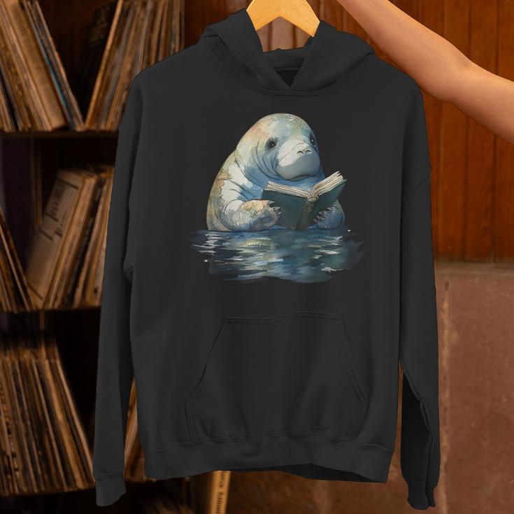 Cute Manatee Reading Book Bookworm Readers Manatee Lover Unisex Hoodie