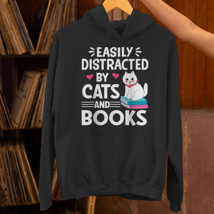 Easily Distracted By Cats And Books Cute Cat And Book Lovers Unisex Hoodie