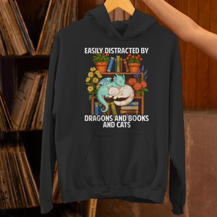 Easily Distracted By Dragons Books Cats Fantasy Book Lover Unisex Hoodie