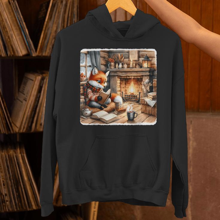 Fox Reads By Fireplace In Cabin Rustic Book Cozy Cup Tea Unisex Hoodie Fox Reads By Fireplace In Cabin Rustic Book Cozy Cup Tea Unisex Hoodie
