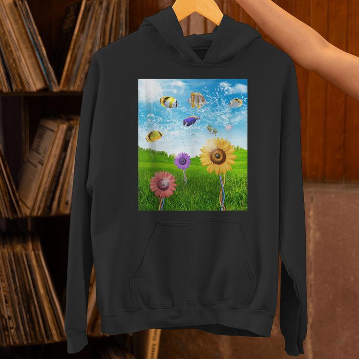 Frutiger Aero Aesthetic Tech Scenery Fishes Sunflower Unisex Hoodie