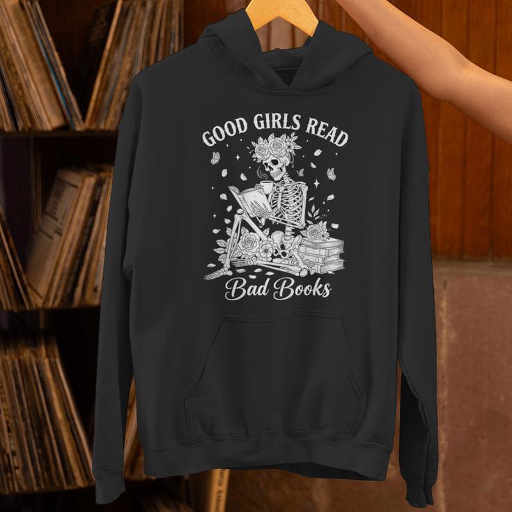 Good Girls Read Bad Books Skeleton Reading Book Halloween Unisex Hoodie
