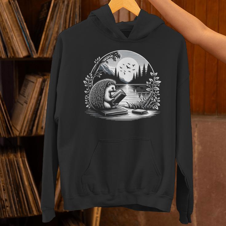 Hedgehog Reading Book Full Moon Lake Scenery Unisex Hoodie