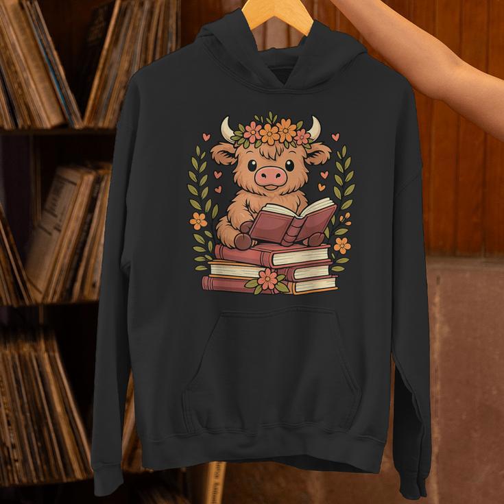 Highland Cow Reading Book Graphic Cow With Book Floral Unisex Hoodie