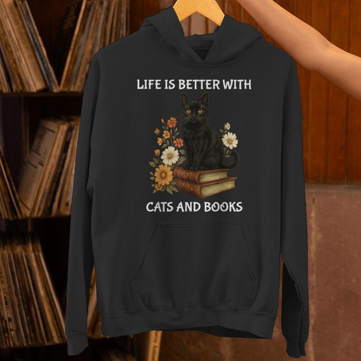 Life Is Better With Cats And Books Cute Cat Lover For Men Women Kids Unisex Hoodie