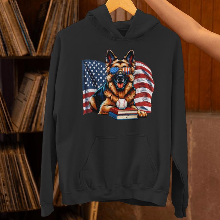 Patriotic German Shepherd Books Baseball USA Flag Vintage Unisex Hoodie