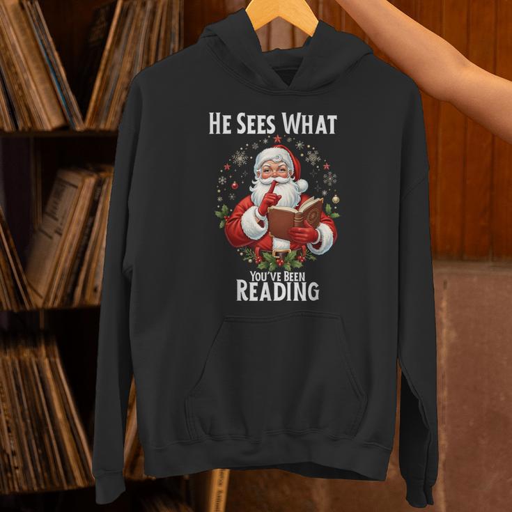 He Sees What You'Ve Been Reading Santa Book Lover For Women Unisex Hoodie