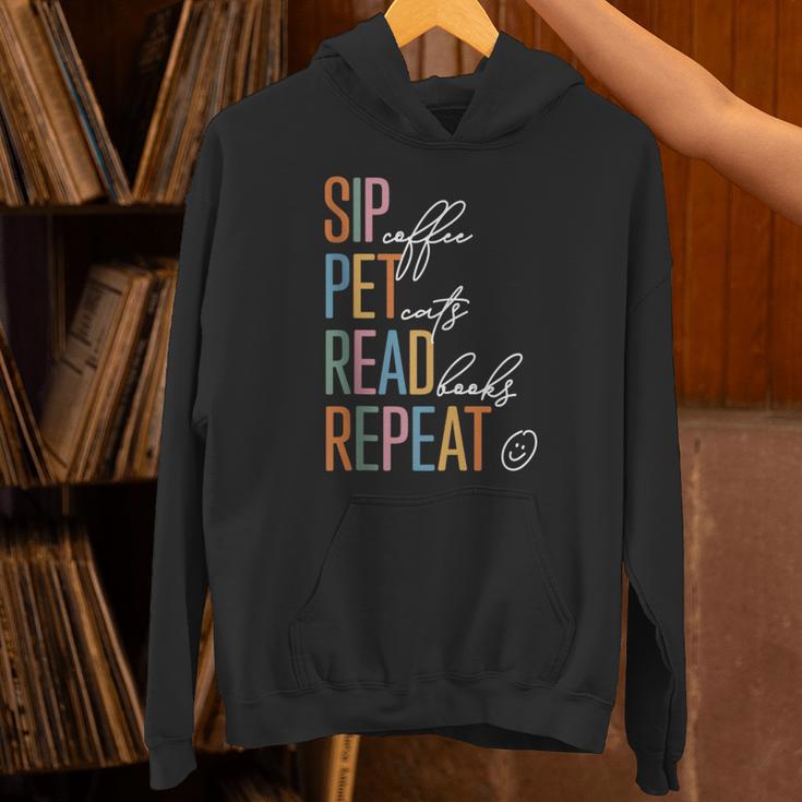 Sip Coffee Pet Cats Read Books Repeat Book Cat Lover Unisex Hoodie