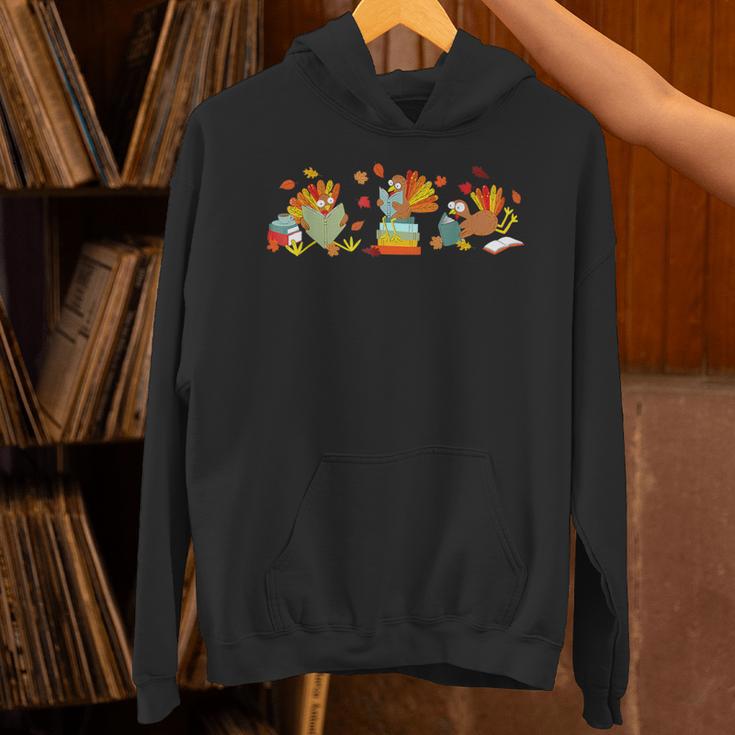 Turkey Reading Books Fall Thanksgiving Teacher Book Lovers Unisex Hoodie