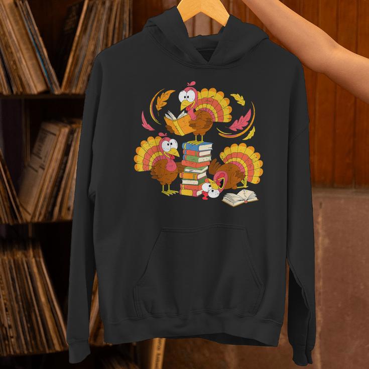 Turkey Reading Books Fall Thanksgiving Teacher Librarian Unisex Hoodie