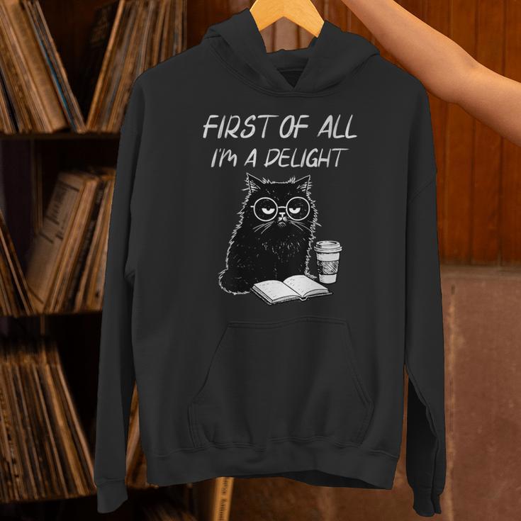 Women's First Of All I’m A Delight Cute Cat Books Coffee Humor Unisex Hoodie Women's First Of All I’m A Delight Cute Cat Books Coffee Humor Unisex Hoodie