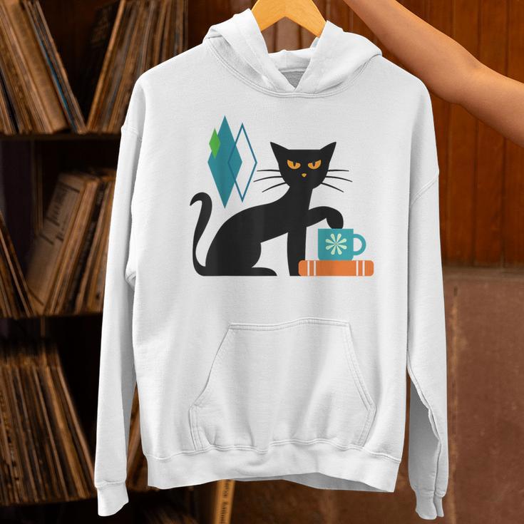 Cat Midcentury With Book And Coffee Atomic Age Mid Century Unisex Hoodie