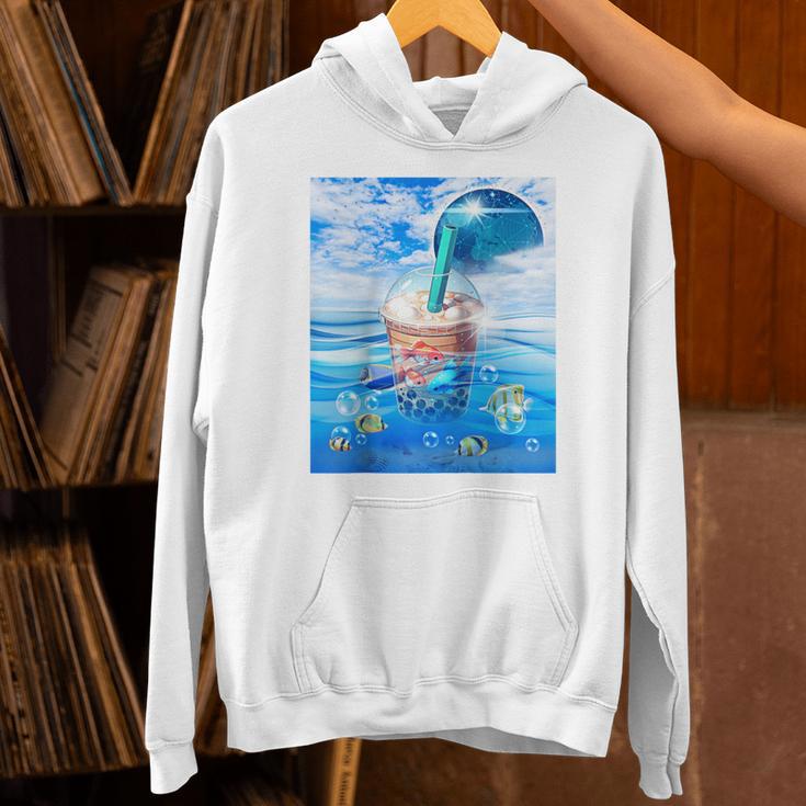 Frutiger Aero Aesthetic Tech Bubble Tea Boba Milktea Fishes Raglan Baseball Tee Unisex Hoodie
