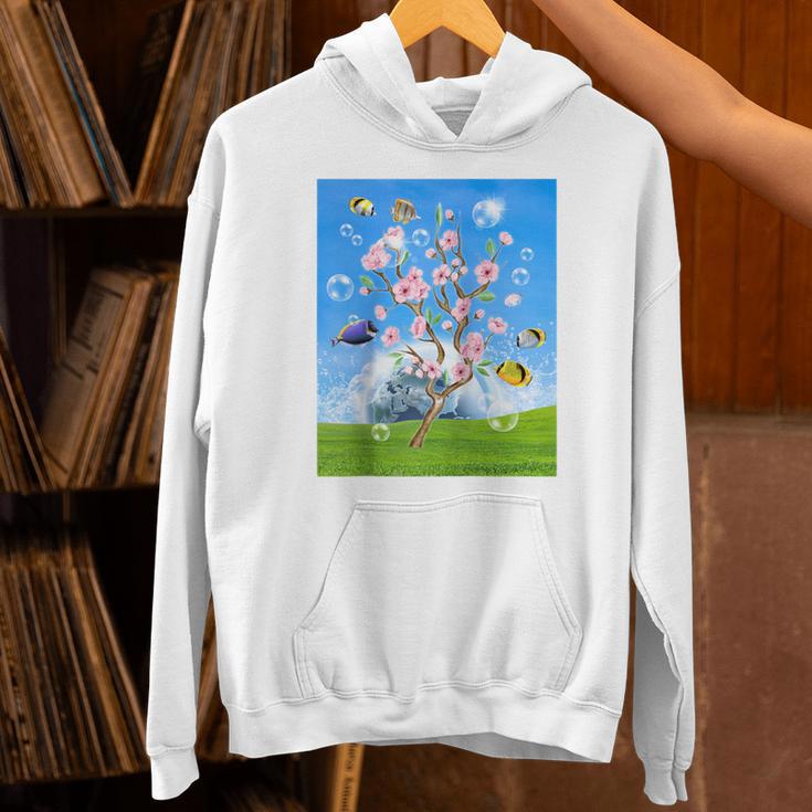Frutiger Aero Aesthetic Tech Cherry Blossom Fishes Bubbles Raglan Baseball Tee Unisex Hoodie