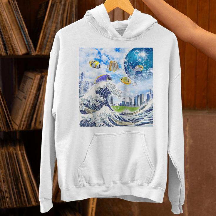 Frutiger Aero Aesthetic Tech Great Wave Of Kanagawa Fishes Raglan Baseball Tee Unisex Hoodie