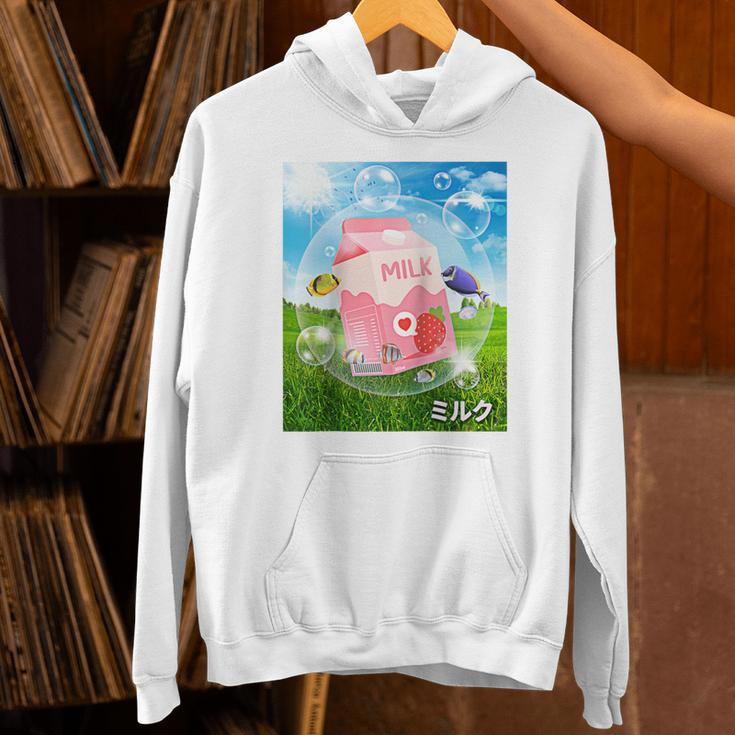 Frutiger Aero Aesthetic Tech Kawaii Strawberry Milk Fishes Raglan Baseball Tee Unisex Hoodie
