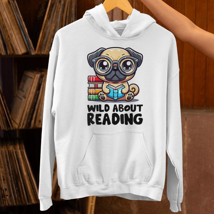 Wild About Reading Book Lover Pug Dog Unisex Hoodie Wild About Reading Book Lover Pug Dog Unisex Hoodie