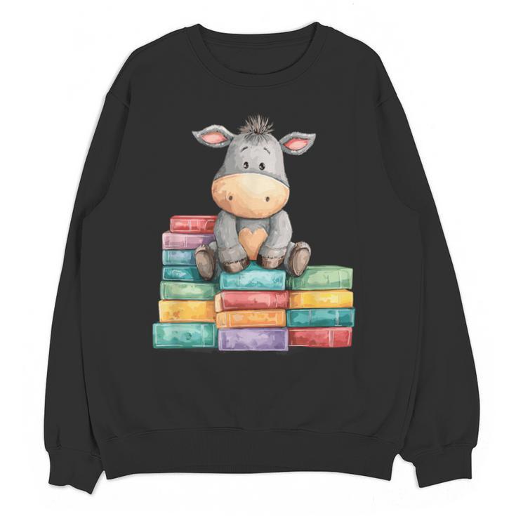 Adorable Donkey With Heart Sitting On Colorful Book Stack Unisex Sweatshirt