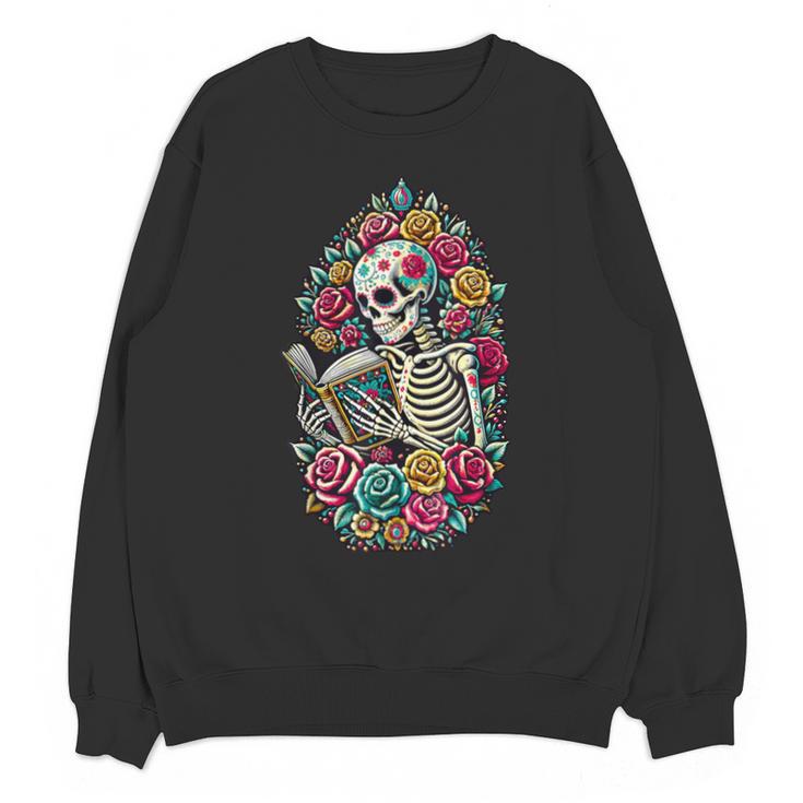 Book Lover Skeleton Reading With Dia De Los Muertos Flowers Unisex Sweatshirt