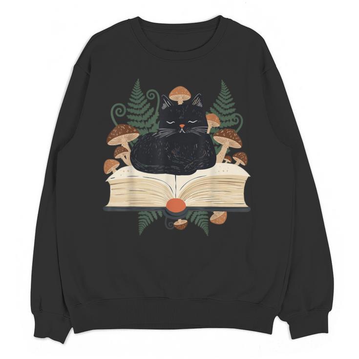 Cat On Open Book Mushrooms Ferns Dark Academia Unisex Sweatshirt