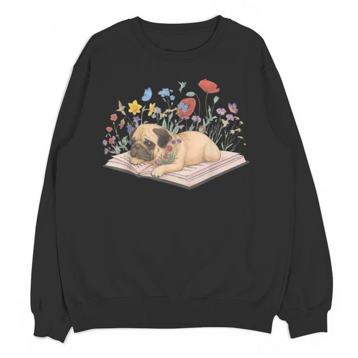 Color Floral Cute Pug Dog On Book Reading Bookworm Reader Unisex Sweatshirt
