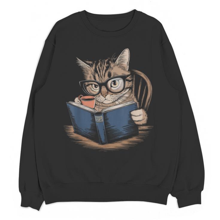 Cute Cat Reading Books With Tea Unisex Sweatshirt