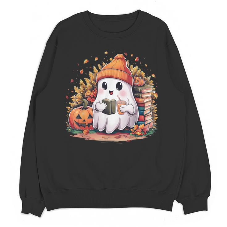 Cute Ghost Drinking Coffee Halloween Reading Book Retro Unisex Sweatshirt