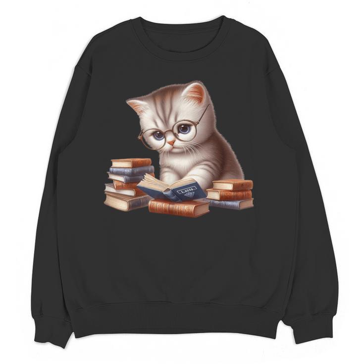 Cute Kitten Bookworm Adorable Cat With Glasses Reading Book Unisex Sweatshirt