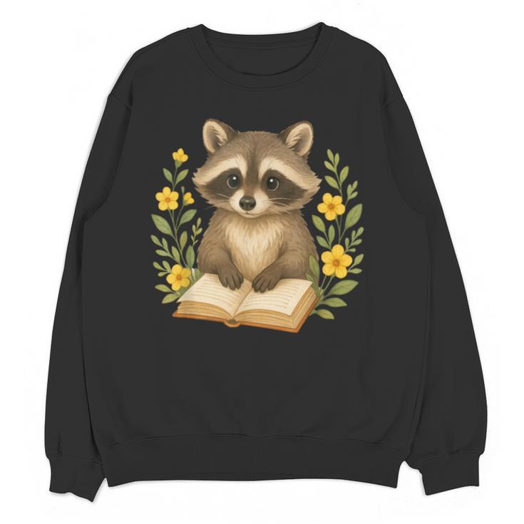 Cute Raccoon Reading Book Flowers Floral Unisex Sweatshirt