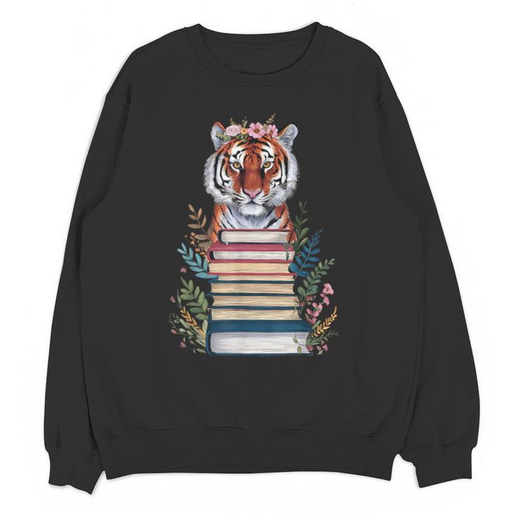 Cute Tiger With Book Floral Bookworm Librarian Book Lover Unisex Sweatshirt
