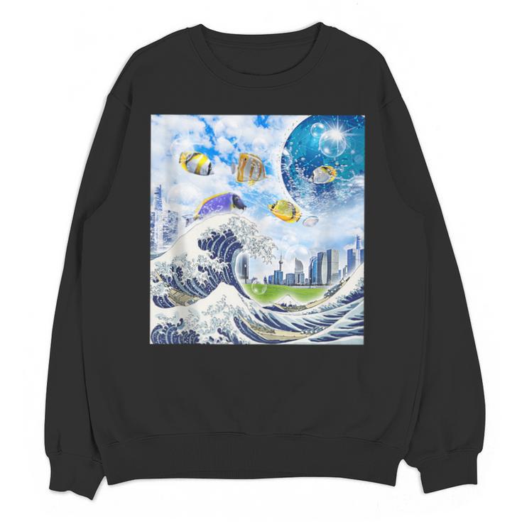 Frutiger Aero Aesthetic Tech Great Wave Of Kanagawa Fishes Unisex Sweatshirt
