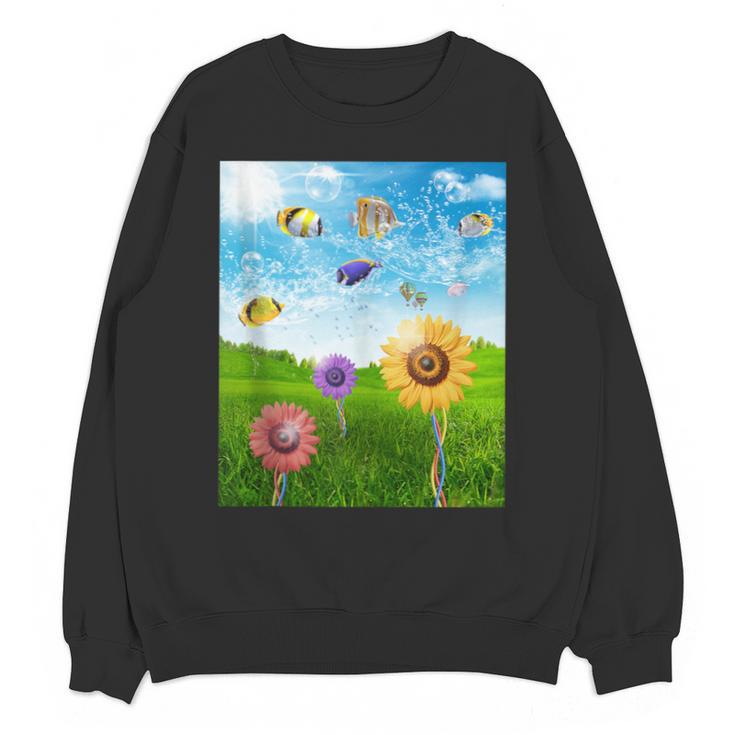 Frutiger Aero Aesthetic Tech Scenery Fishes Sunflower Unisex Sweatshirt