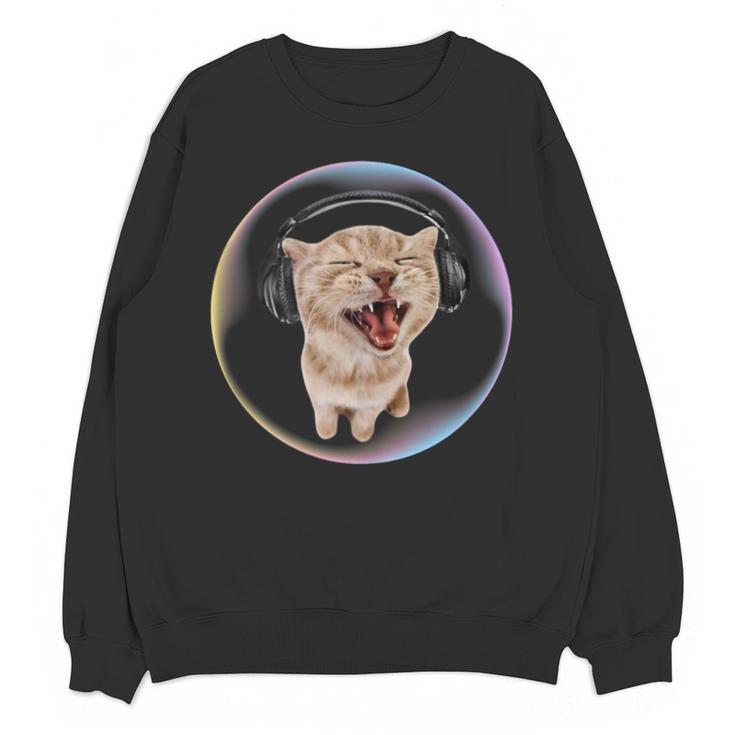 Frutiger Aero Cat Wearing Headphones Bubble 2000s Gen-Z Meme Unisex Sweatshirt