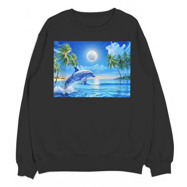 Frutiger Aero Dolphin Sunset Ocean With Palm Trees Y2k Unisex Sweatshirt