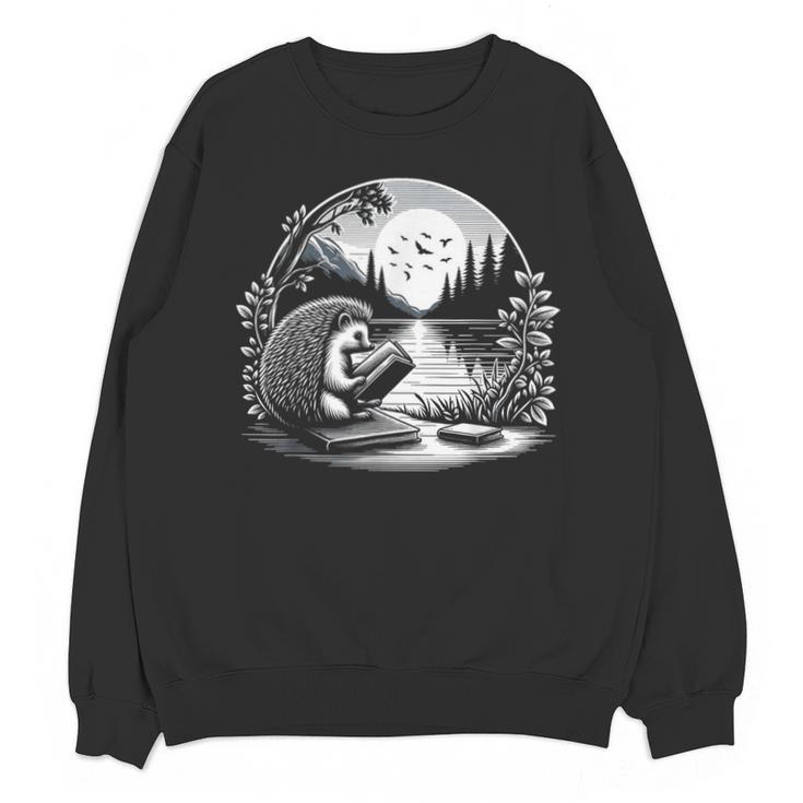 Hedgehog Reading Book Full Moon Lake Scenery Unisex Sweatshirt