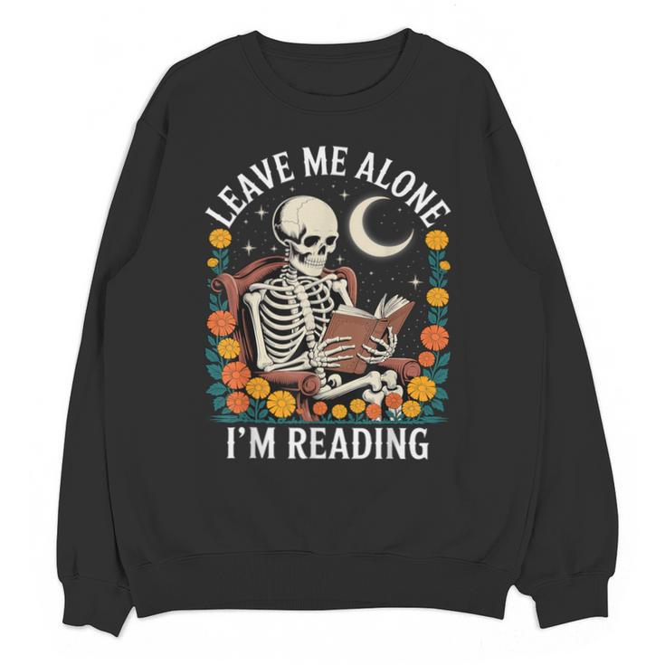 Leave Me Alone Skeleton Reading Book Floral Moon Librarian Unisex Sweatshirt