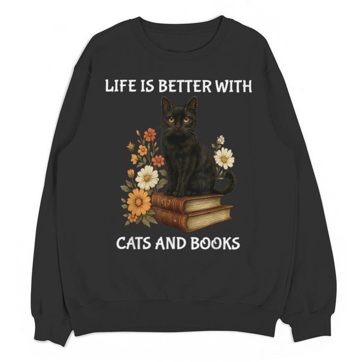 Life Is Better With Cats And Books Cute Cat Lover For Men Women Kids Unisex Sweatshirt