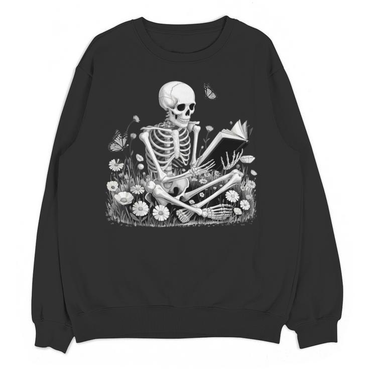 Skeleton Reading Book Floral Dark For Book Lovers Unisex Sweatshirt