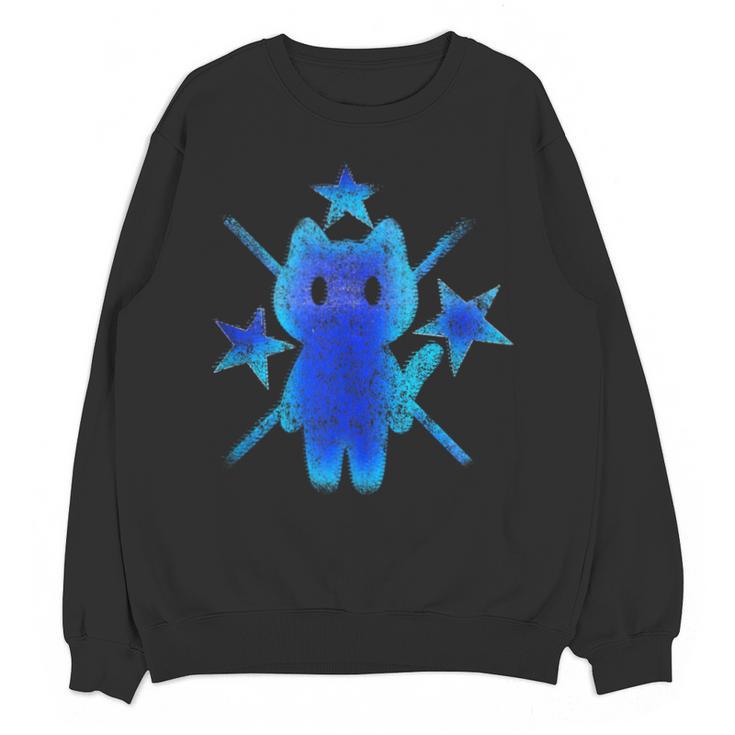 Yk2 Grunge Earthy Blue Cat With Stars Tomboy 90s Nostalgia Unisex Sweatshirt