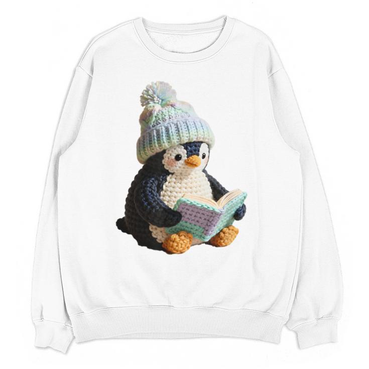 Cute Penguin Reading Book Faux-Crochet Print Unisex Sweatshirt