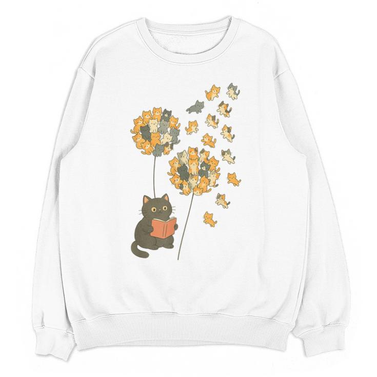 Cute Reading Cat With Kitten Dandelion Flowers Book Lover Unisex Sweatshirt